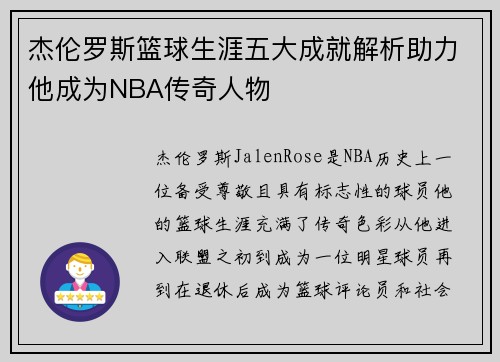 杰伦罗斯篮球生涯五大成就解析助力他成为NBA传奇人物 杰伦罗斯篮球生涯五大成就解析助力他成为NBA传奇人物