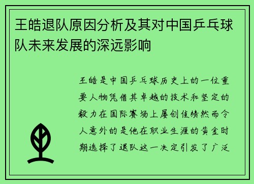 王皓退队原因分析及其对中国乒乓球队未来发展的深远影响 王皓退队原因分析及其对中国乒乓球队未来发展的深远影响