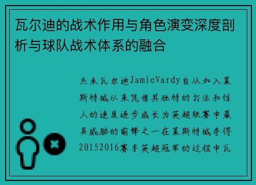 瓦尔迪的战术作用与角色演变深度剖析与球队战术体系的融合