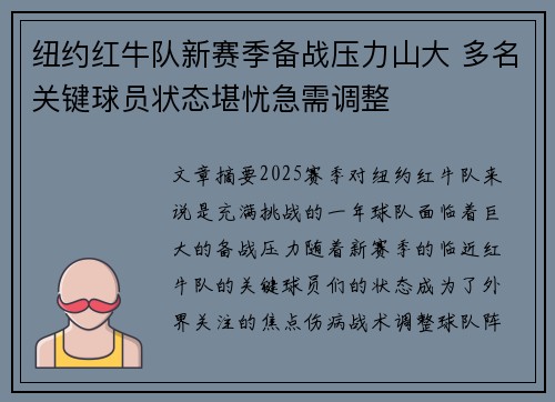纽约红牛队新赛季备战压力山大 多名关键球员状态堪忧急需调整