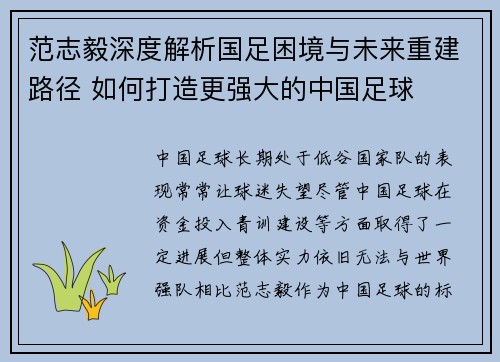 范志毅深度解析国足困境与未来重建路径 如何打造更强大的中国足球