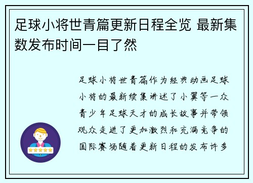 足球小将世青篇更新日程全览 最新集数发布时间一目了然